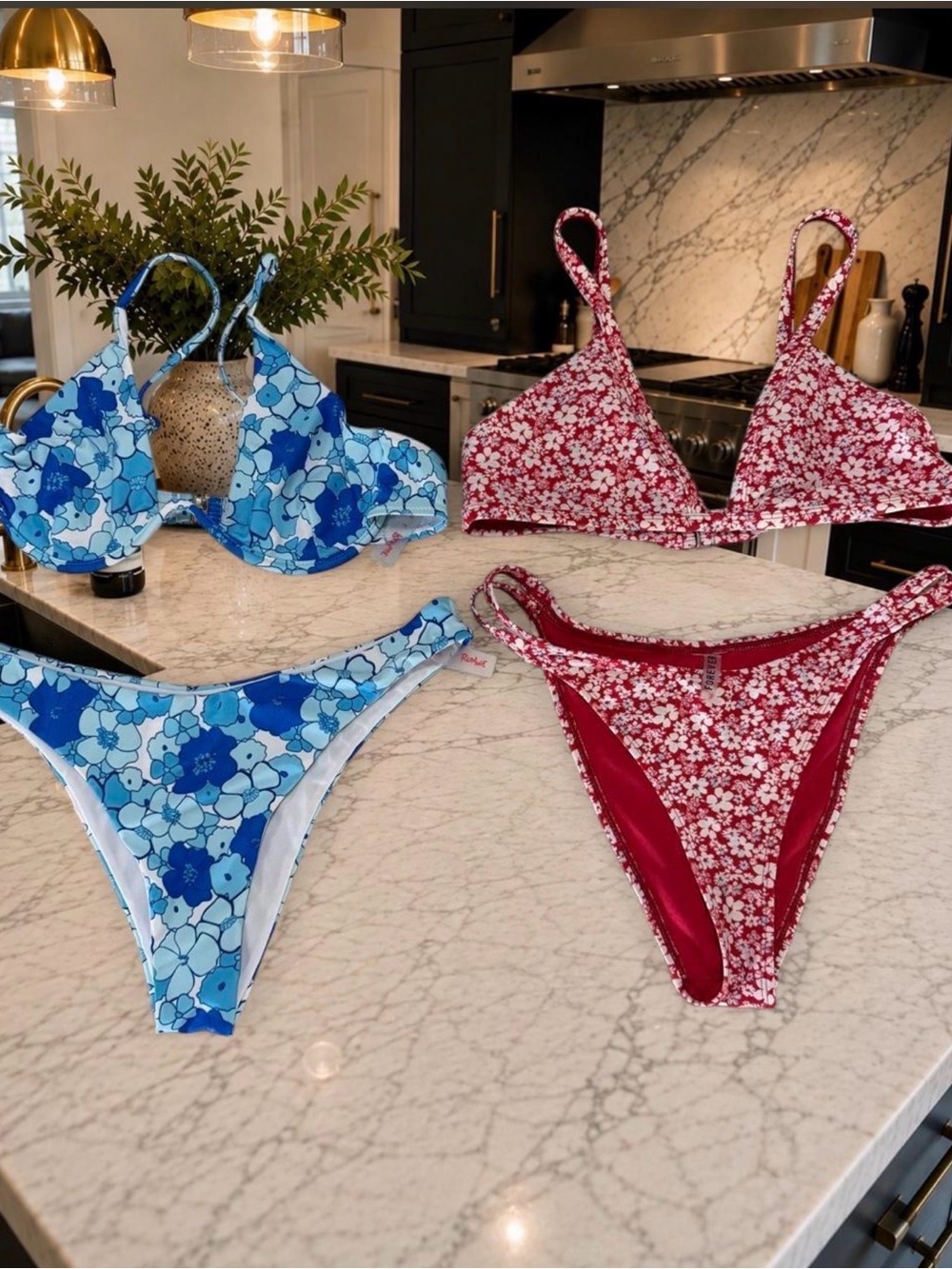 Bundle of 2- Romwe  Blue Floral  & Forever 21 Red Floral Bikini Set both Sz L